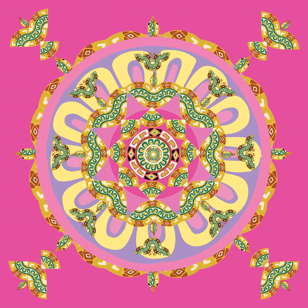 Silk square, 37", featuring birds, butterflies, and flowers, color:  pink