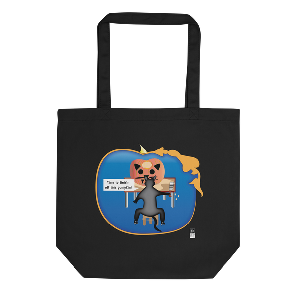 Eco Tote Bag with Cat Carving Pumpkin Illustration, black or beige
