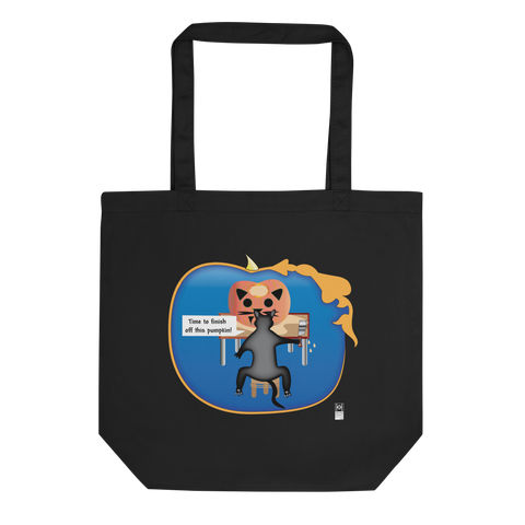 Eco Tote Bag with Cat Carving Pumpkin Illustration, black or beige