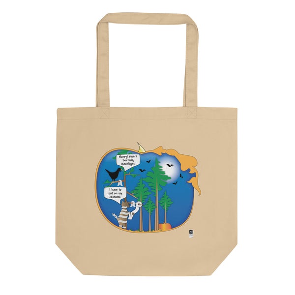 Eco Tote Bag with Halloween Cat Illustration, black or beige