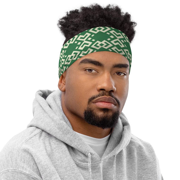 Face/neck/head covering featuring a variation of a Boshongo textile motif, yellow