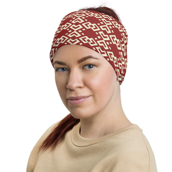 Face/neck/head covering featuring a variation of a Boshongo textile motif, yellow