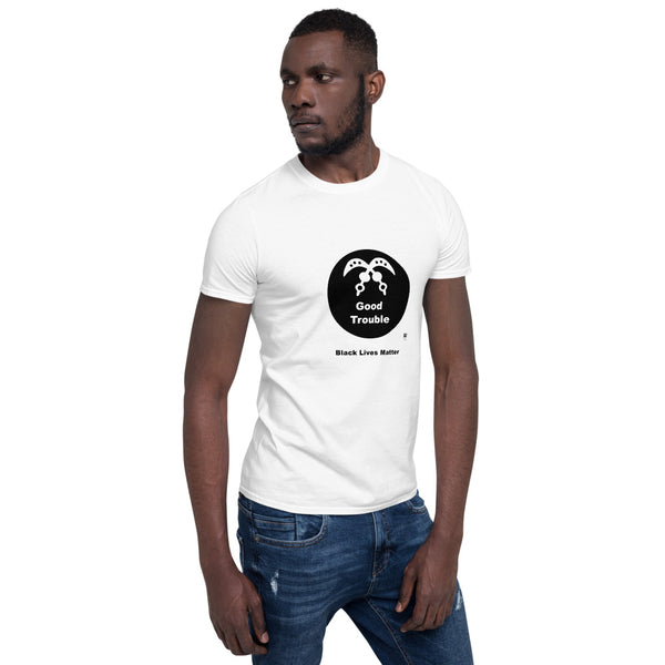 Short sleeve tee with the message "Good Trouble" illustrated with a West African Adinkra symbol.