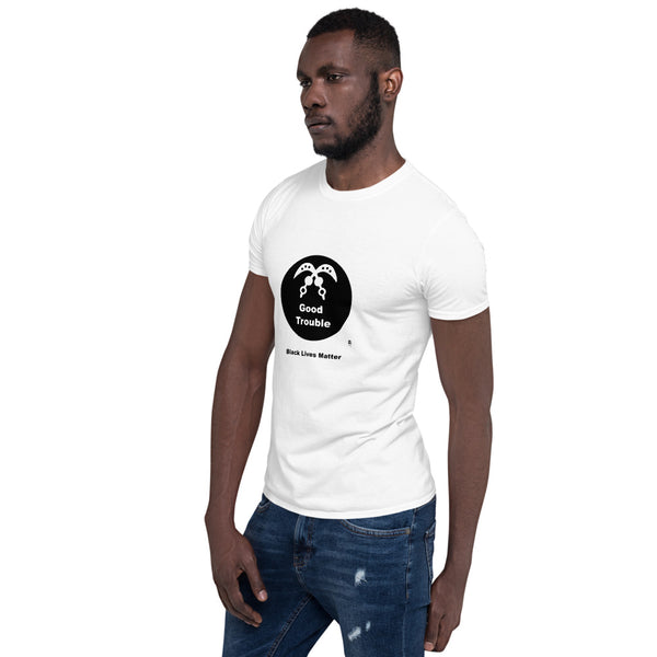 Short sleeve tee with the message "Good Trouble" illustrated with a West African Adinkra symbol.