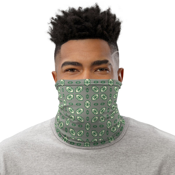 Face/neck/head covering featuring West African Adinkra symbol for "Earth Has Weight," moss