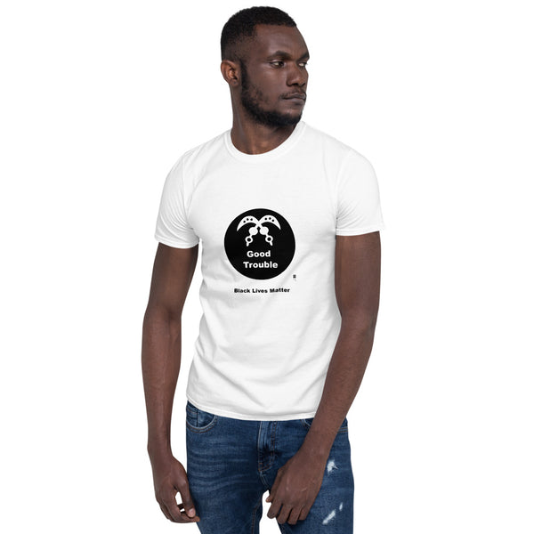 Short sleeve tee with the message "Good Trouble" illustrated with a West African Adinkra symbol.
