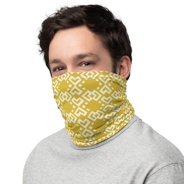 Face/neck/head covering featuring a variation of a Boshongo textile motif, yellow