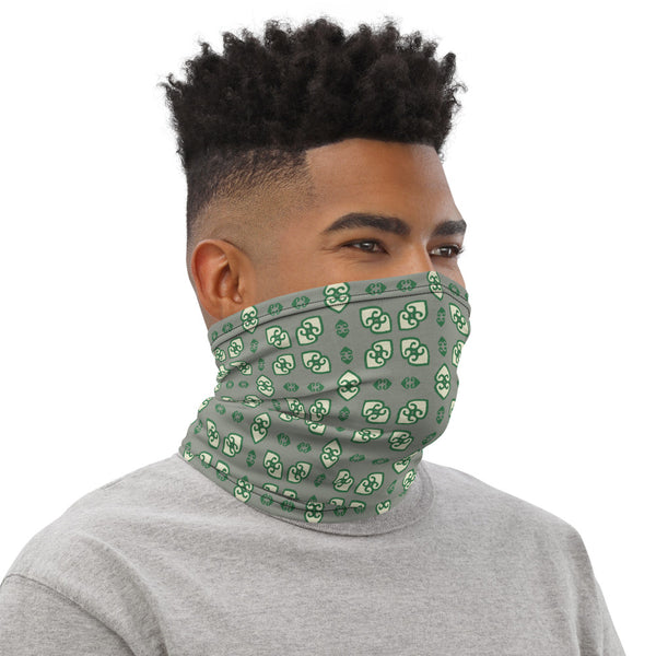 Face/neck/head covering featuring West African Adinkra symbol for "Earth Has Weight," moss
