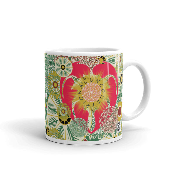 Mug, ceramic featuring a heart graphic with the message "unconditiona,"white
