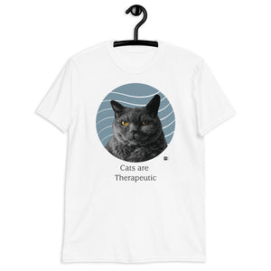 Short sleeve tee in white with an illustration of a British Short Hair cat , white