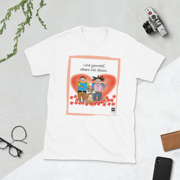 Short sleeve tee with a graphiic about love for self, white