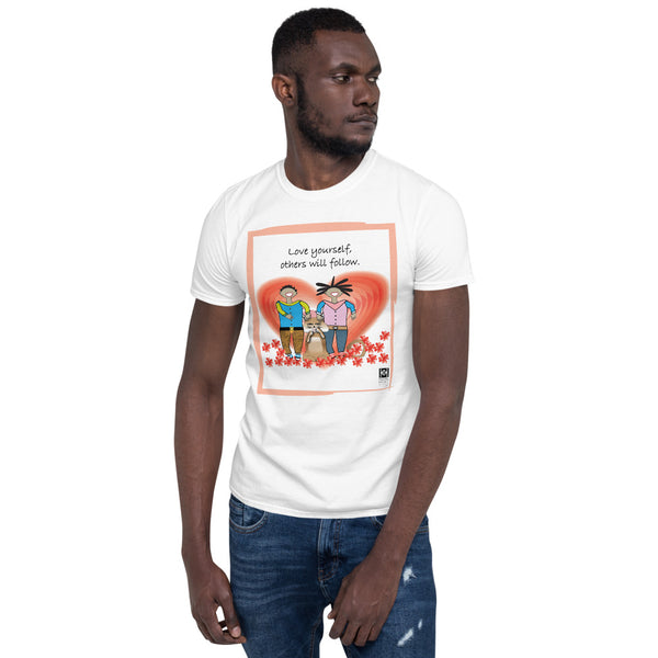Short sleeve tee with a graphiic about love for self, white
