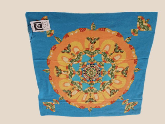 Silk square, 37", featuring birds, butterflies, and flowers, color:  blue