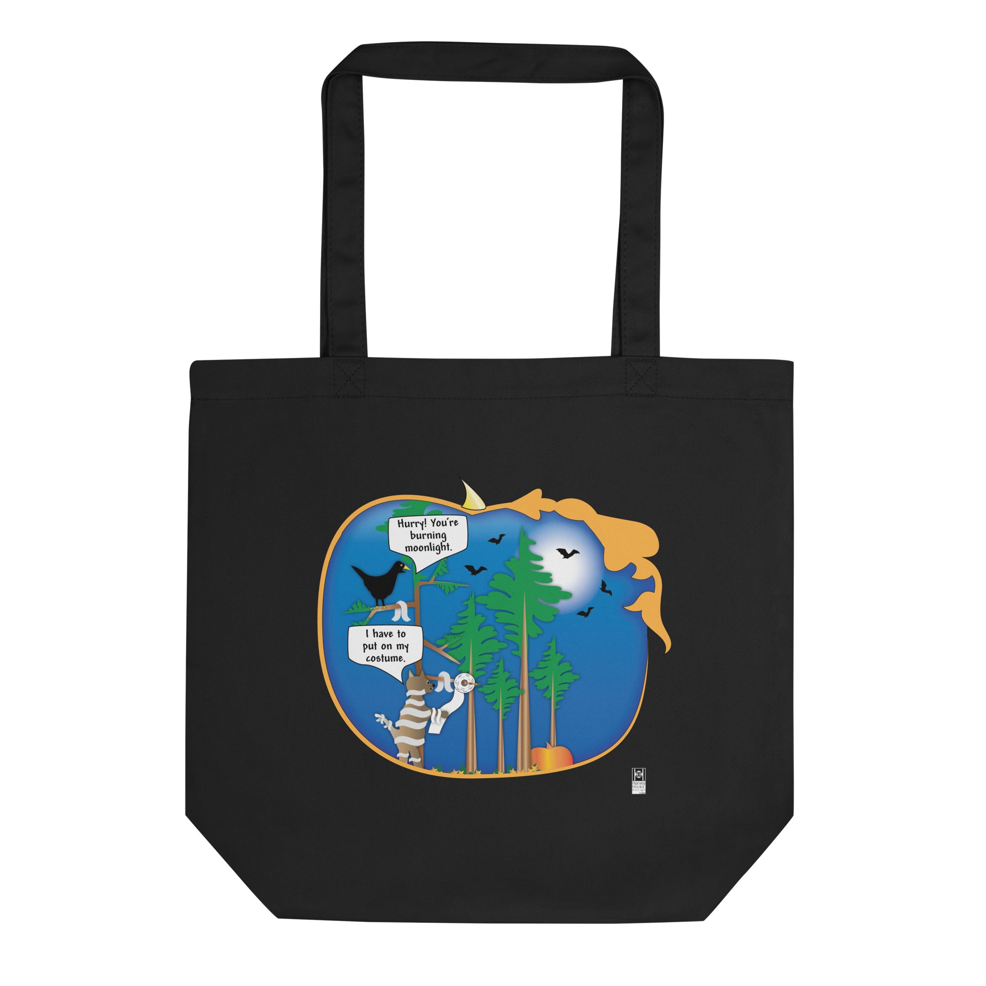 Eco Tote Bag with Halloween Cat Illustration, black or beige