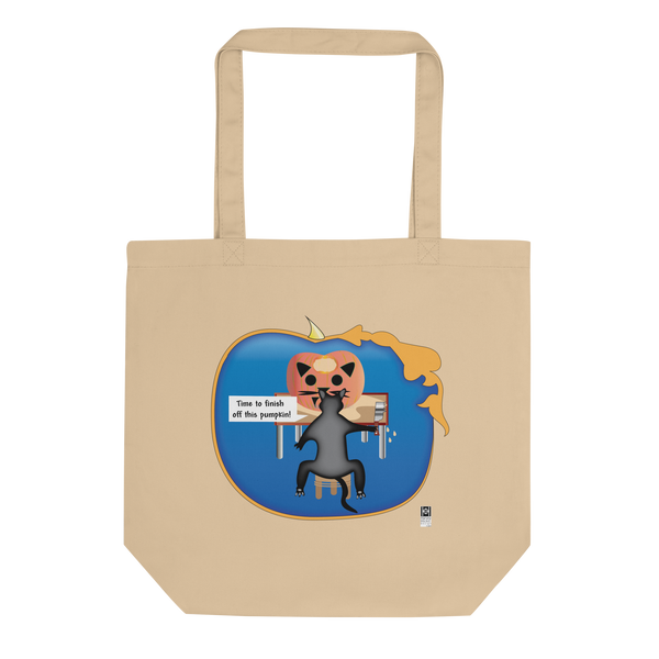 Eco Tote Bag with Cat Carving Pumpkin Illustration, black or beige