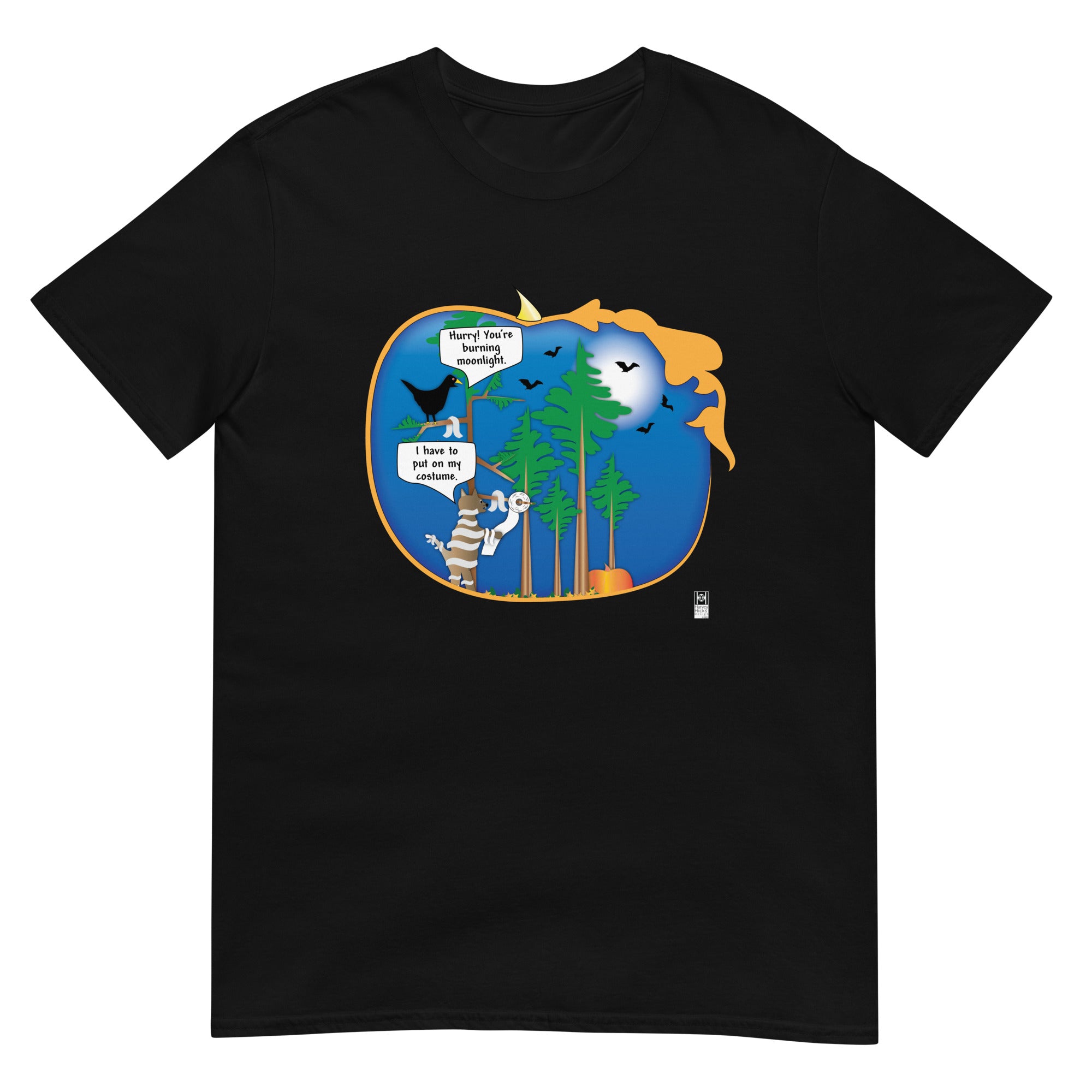 Short-Sleeve Unisex T-Shirt, Halloween cat illustration, black or navy