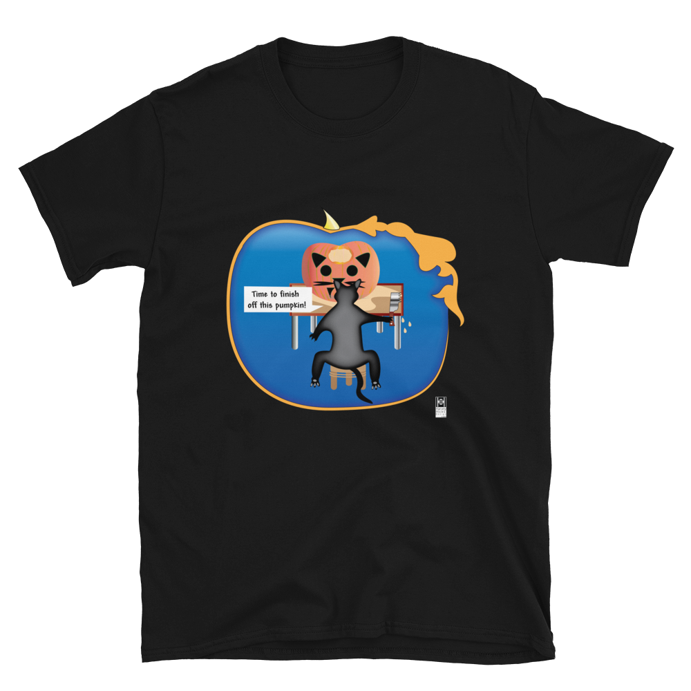 Short-Sleeve Unisex T-Shirt, Halloween Cat Carving a Pumpkin, black or navy