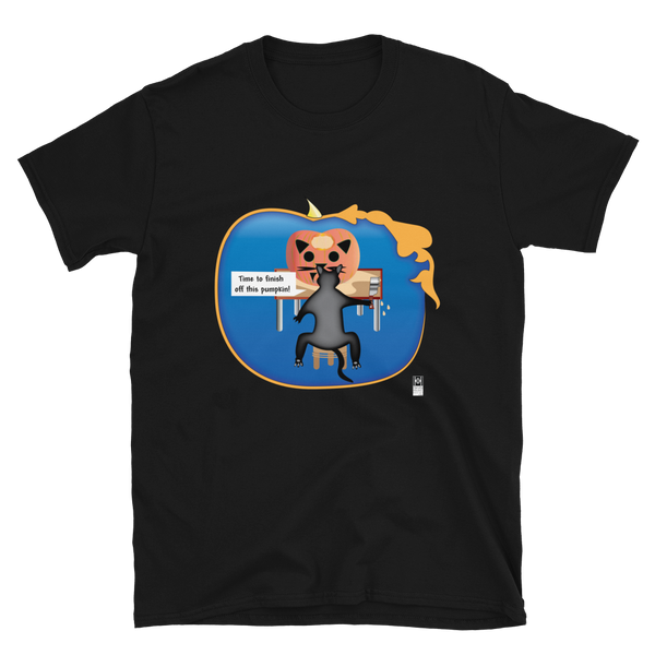 Short-Sleeve Unisex T-Shirt, Halloween Cat Carving a Pumpkin, black or navy