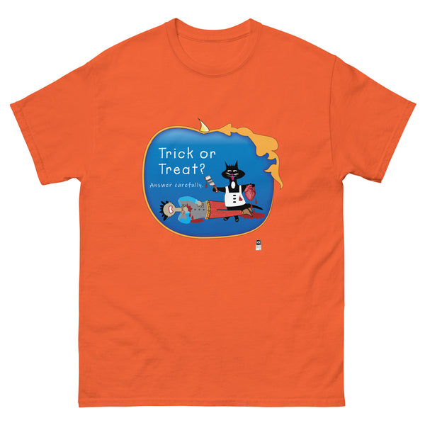 Halloween 2024: Trick or treat? Unisex short sleeve tee, black or orange