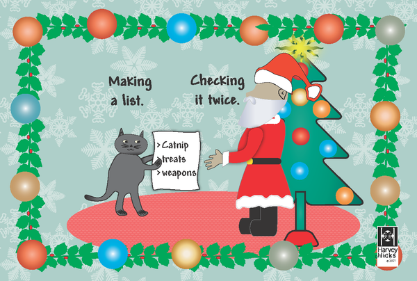 Postcards with humorous holiday cats. A set of 12 postcards. Two per design, envelopes included.
