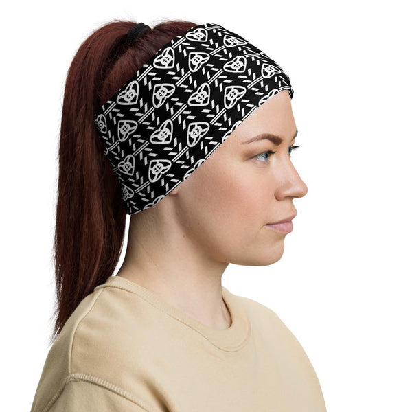 Face/neck/head covering with West African Adinkra pattern,. All Will Be Well, brown/ivory