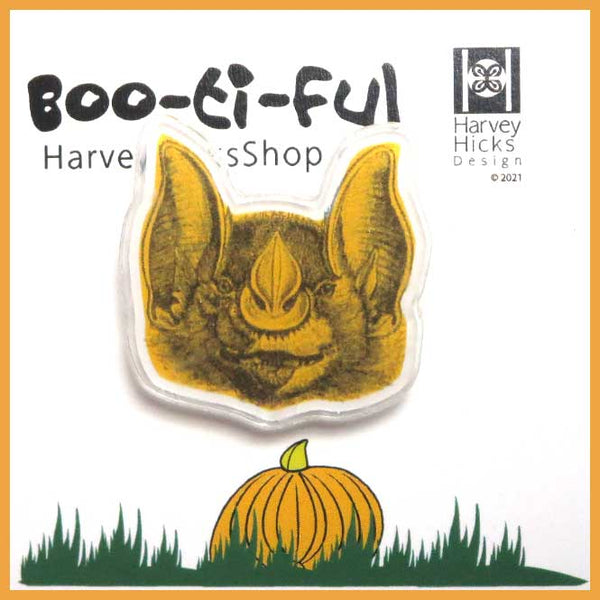 Halloween pin featuring a leaf nose bat, orange