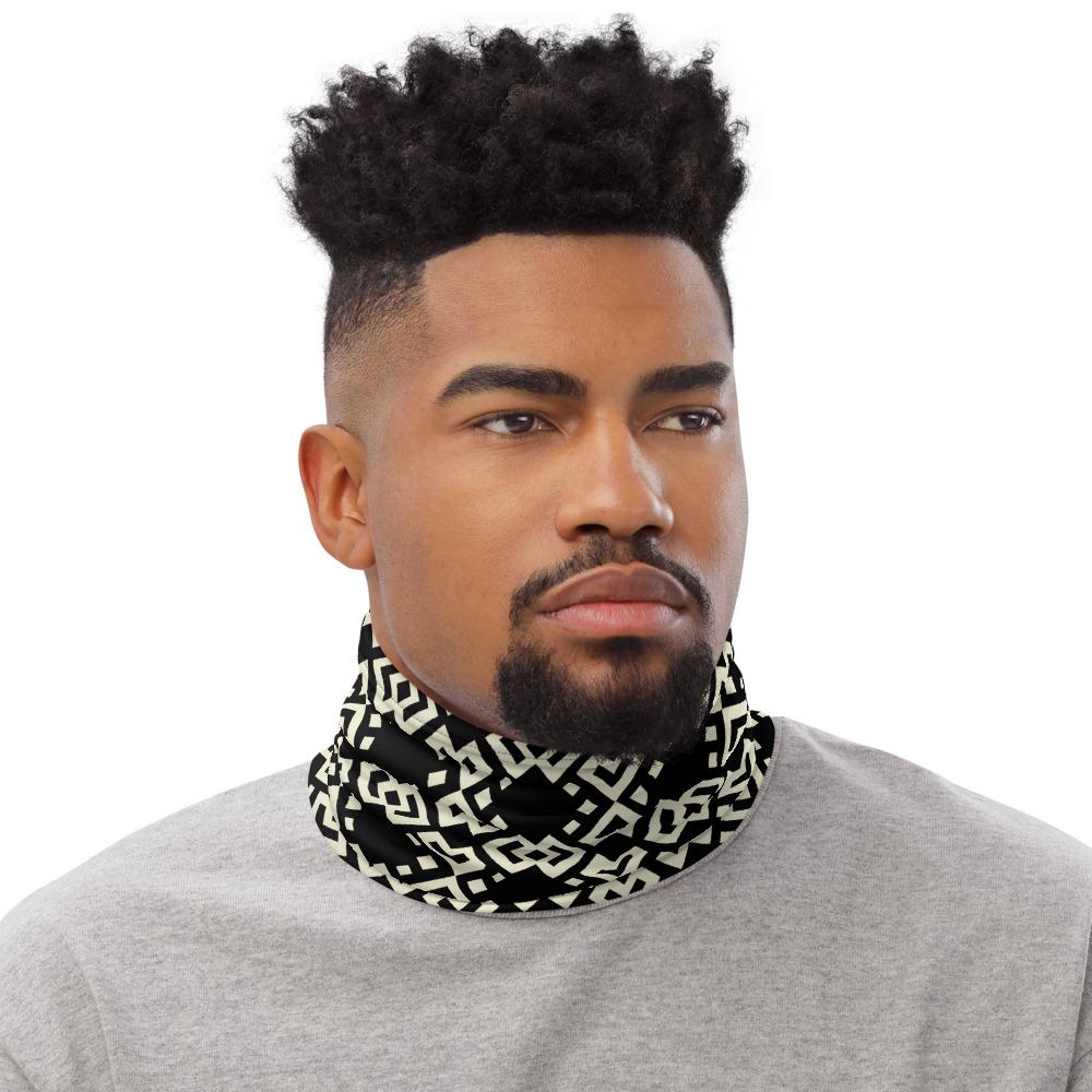 Face/neck/head covering featuring a variation of a Boshongo textile motif, yellow