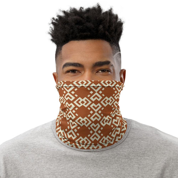 Face/neck/head covering featuring a variation of a Boshongo textile motif, yellow
