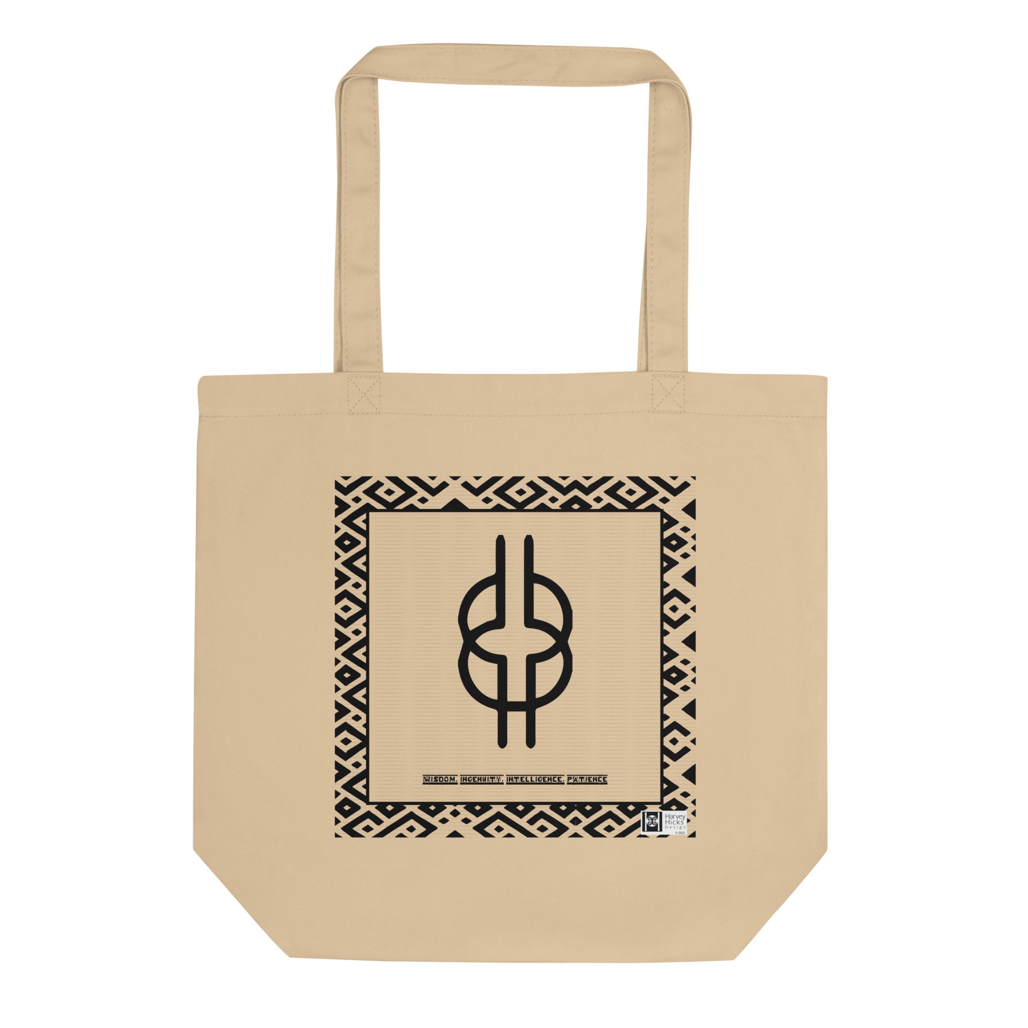 100% cotton Eco Tote Bag, featuring the Adinkra symbol for wisdom and ingenuity