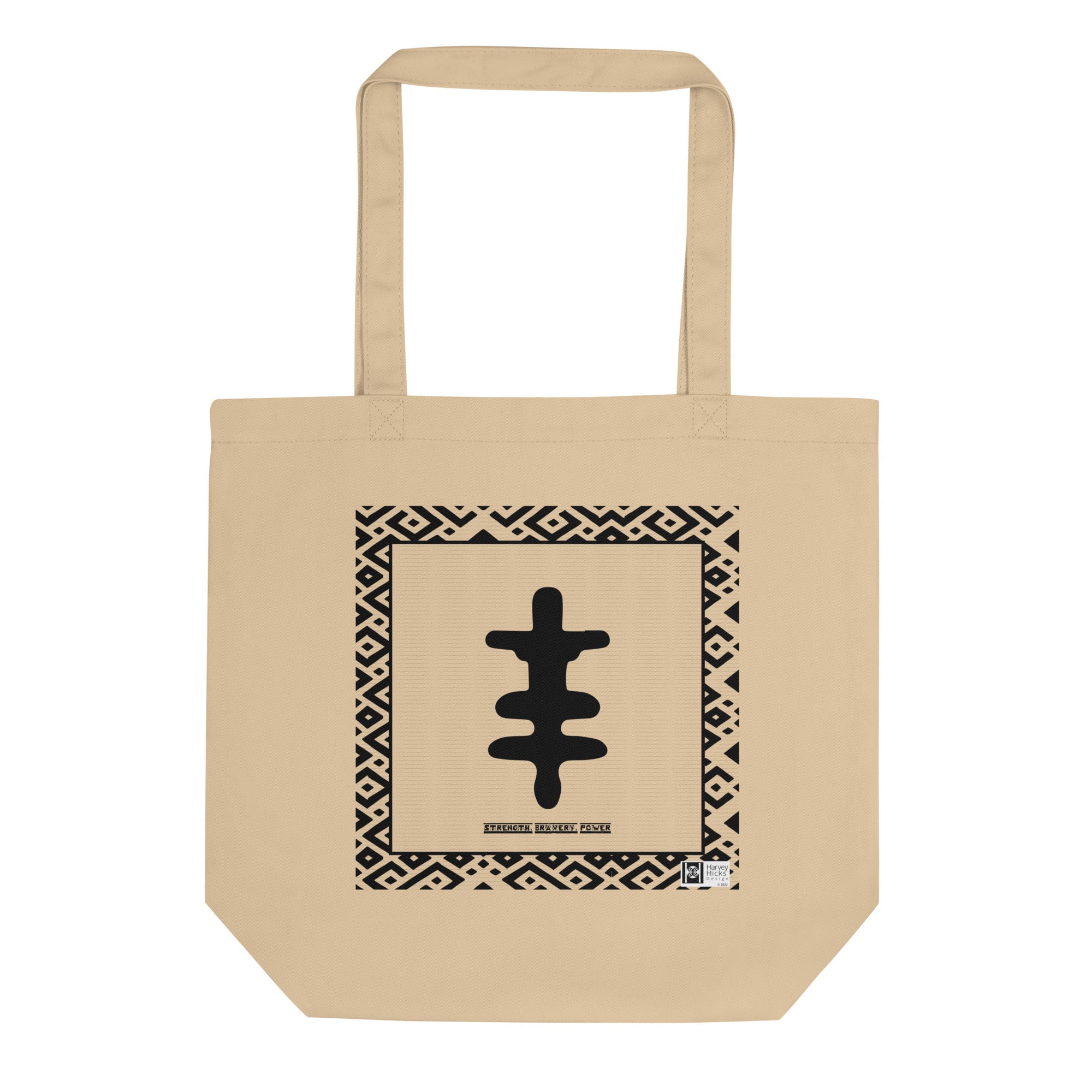100% cotton Eco Tote Bag, featuring the Adinkra symbol for strength and bravery