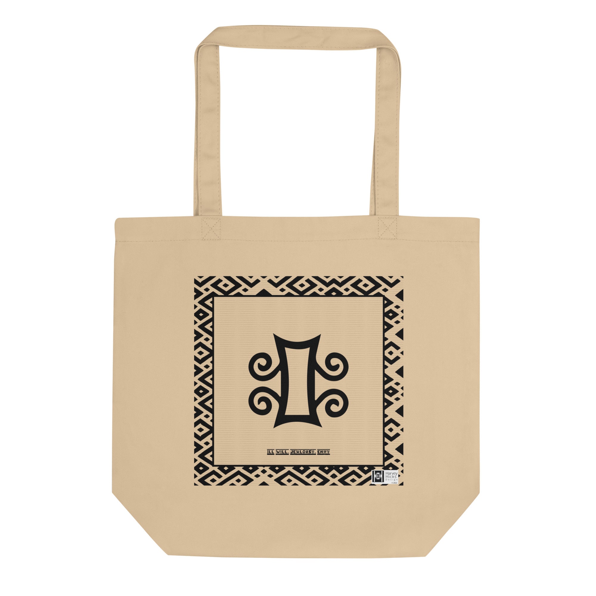 100% cotton Eco Tote Bag, featuring the Adinkra symbol for ill will