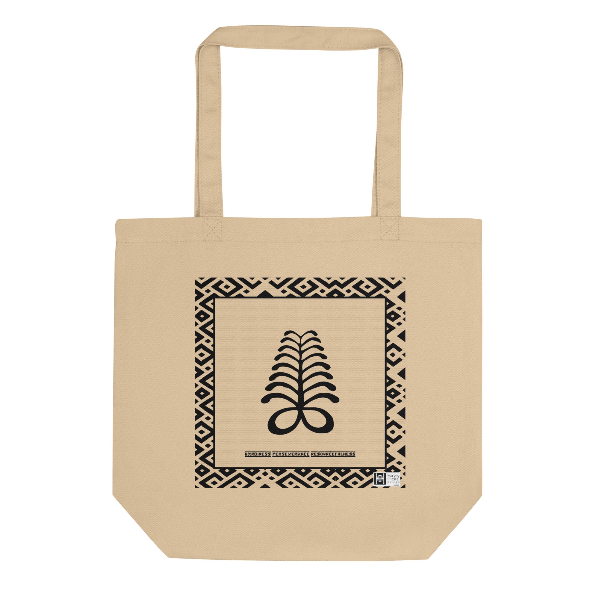 100% cotton Eco Tote Bag, featuring the Adinkra symbol for hardiness