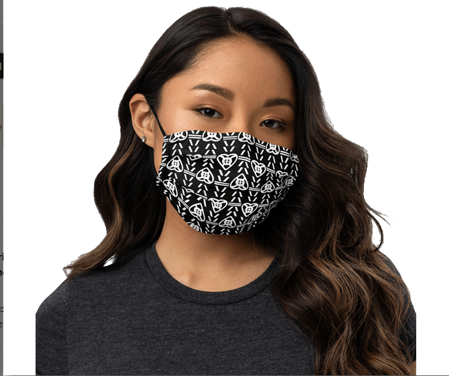 Face mask with West African Adinkra pattern meaning All Will Be Well, ivory