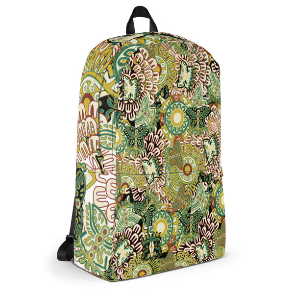 Backpack featuring a pattern of ancient Mexican butterfly and floral illustrations, black
