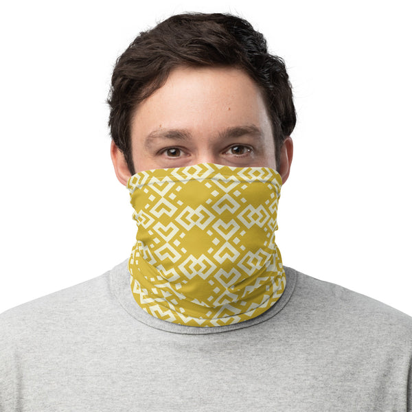 Face/neck/head covering featuring a variation of a Boshongo textile motif, yellow