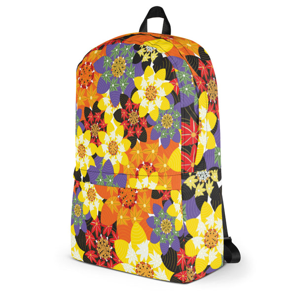 Bakcpack featuring an illustration of stylized flowers providing an explosion of color..