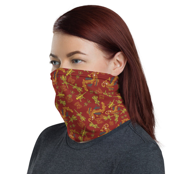 Face/neck/head covering featuring a pattern night crawlers based on illustrations from pre-Columbian Mexico, wine.