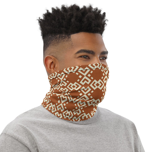 Face/neck/head cover featuring a variation of a Boshongo textile motif, brown