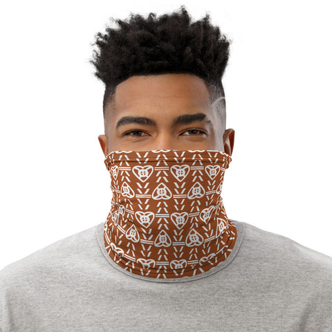 Face/neck/head covering with West African Adinkra pattern,. All Will Be Well, brown/ivory