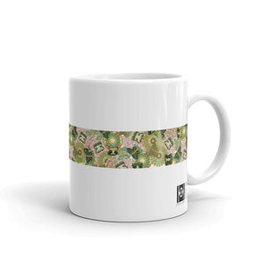 Mug, ceramic featuring a pattern of pre-Columbian butterfly and floral illustrations of Mexican origin, white