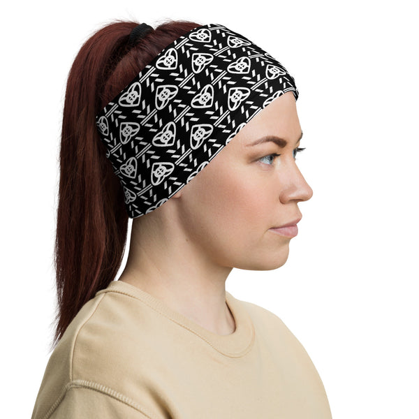 Face/neck/head covering with West African Adinkra symbol meaning All Will Be Well, white/black