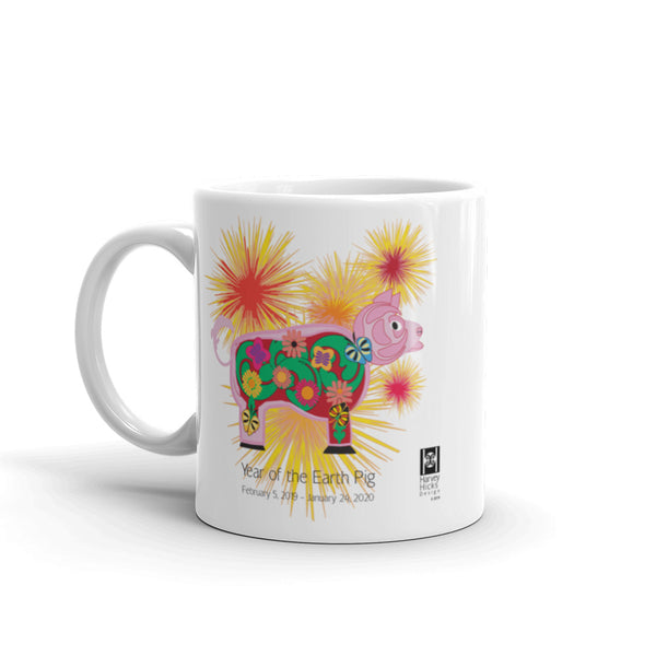 Mug, ceramic, featuring an original illustration for the Chinese New Year celebrarion of the Earth Pig, white