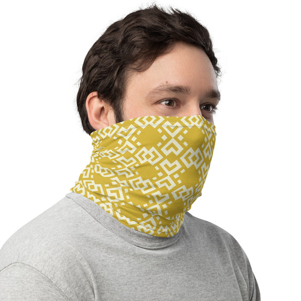 Face/neck/head covering featuring a variation of a Boshongo textile motif, yellow