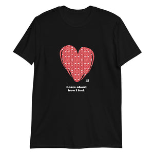 Short sleeve tee featuring the message "I Care About How I Feel," black