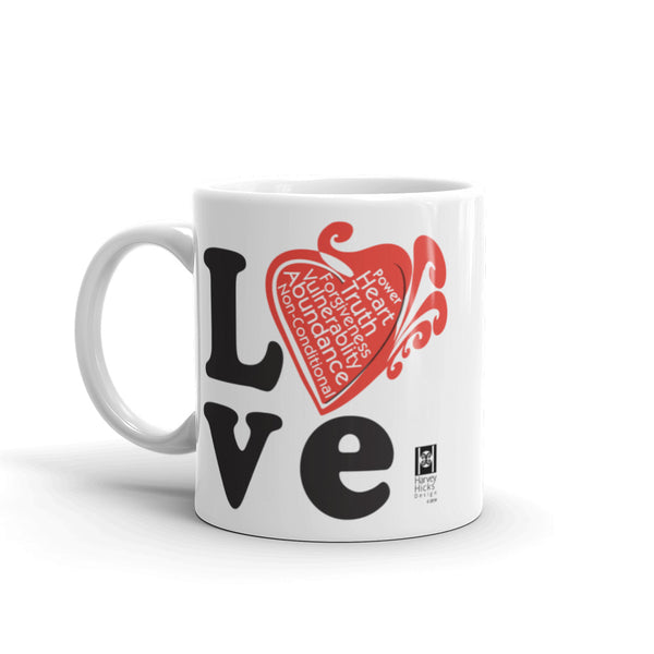 Mug, ceramic, featuring a graphic about love, white.