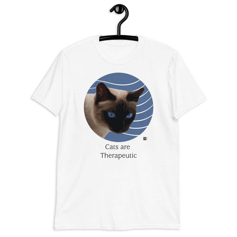 Short sleeve tee featuing the illustration of a Siamese Cat with a message, white.