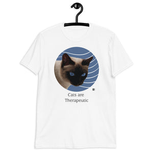 Short sleeve tee featuing the illustration of a Siamese Cat with a message, white.