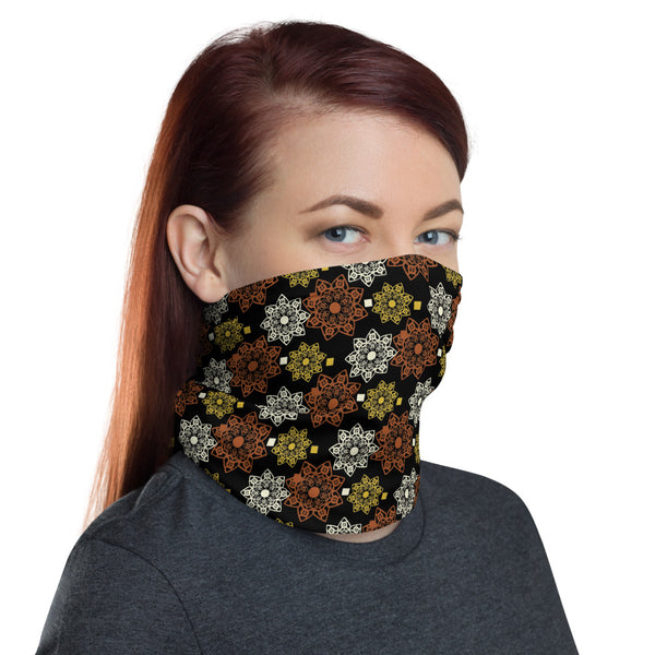 Face/neck/head covering with West African Adinkra pattern, Heart Circle, black