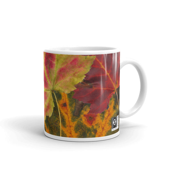 Mug, ceramic, glossy white, featuring a Fall-WInter theme