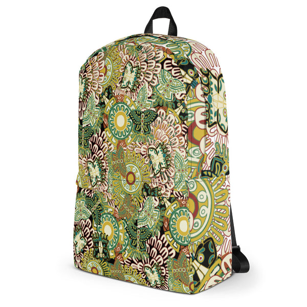 Backpack featuring a pattern of ancient Mexican butterfly and floral illustrations, black